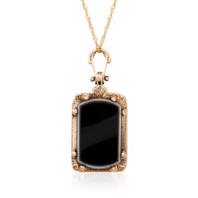 C. 1900 Vintage Black and Brown Agate Locket Pendant Necklace in 10kt Yellow Gold. 20" &mdash; Alt Image 1
