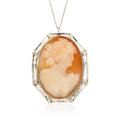 C. 1940 Vintage Carved Shell Cameo Pin Pendant Necklace in 14kt White Gold. 18" &mdash; Alt Image 1