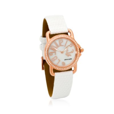 Ladies  "Egana" Stainless Steel Rose Gold Plated Crystal Bezel Watch With White Leather  Band   &mdash; Alt Image 1