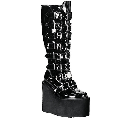 Demonia Women's Platform Boot Swing 8 Buckle Black Platform Boots