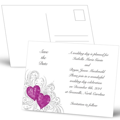 Hearts and Flourishes - Amethyst and Sterling - Save the Date Postcard