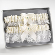 Ecru Heart and Rhinestone Garter Set