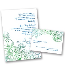 Sketched Flowers - Blue and Green - Invitation with Free Respond Card