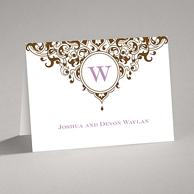 Damask Monogram - Brown - Thank You Card and Envelope