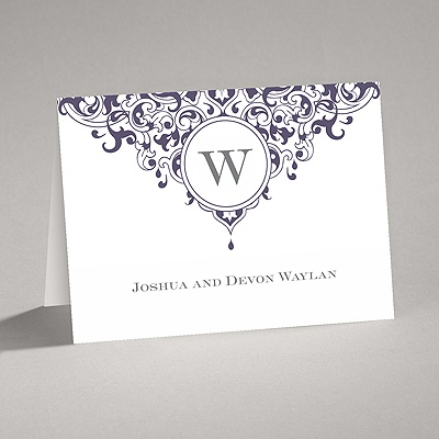 Damask Monogram - Raisin Purple - Thank You Card and Envelope