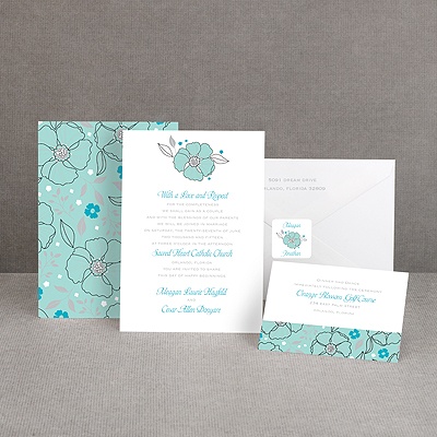 Tropical Flowers - Aqua - Invitation