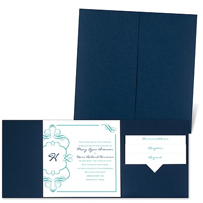 Calligraphy Monogram Accents - Navy - Pocket Invitation
