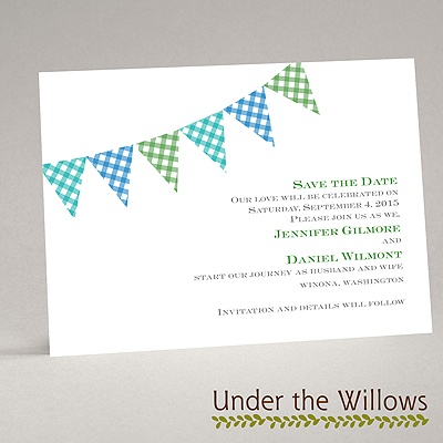 Gingham Banner - Peacock - Save the Date Card
