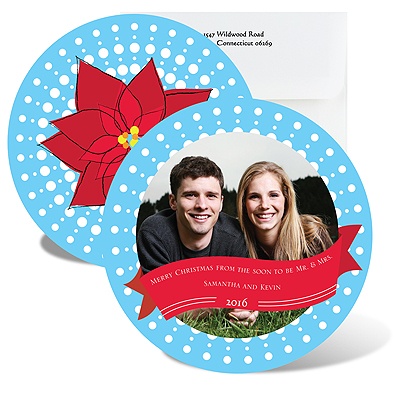 Retro Poinsettias - Celestial Blue - Photo Holiday Card