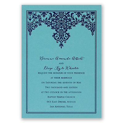 Demure Damask - Aqua Shimmer - Foil Invitation