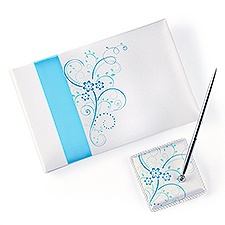 Aqua Floral Guest Book and Pen