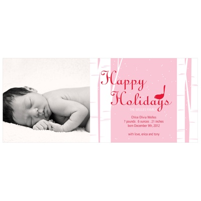 Happy Holidays Bird Chirps in Pink -- Christmas Birth Announcements