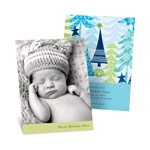 Stylish Treescape in Blue -- Holiday Photo Birth Announcements