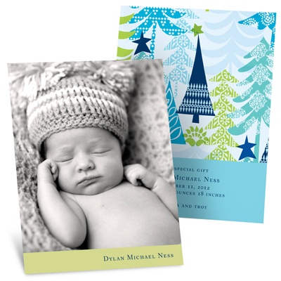 Stylish Treescape in Blue -- Holiday Photo Birth Announcements