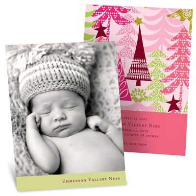 Stylish Treescape in Pink -- Christmas Birth Announcements
