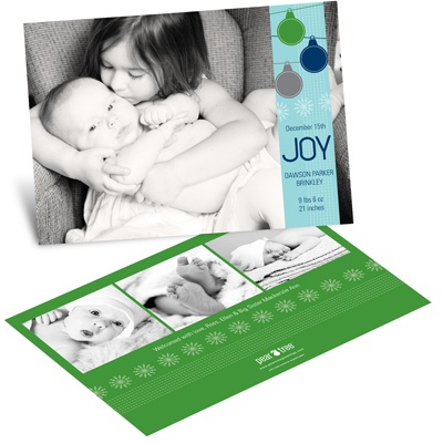 Ornamental Joy in Green -- Horizontal Christmas Birth Announcement
