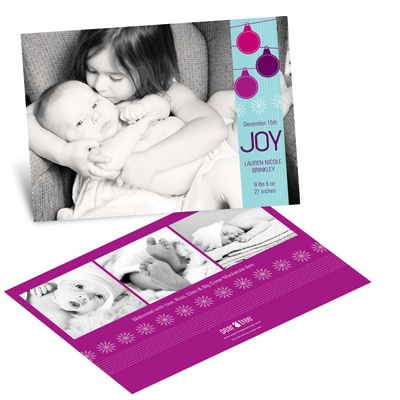 Ornamental Joy in Pink -- Horizontal Christmas Birth Announcement