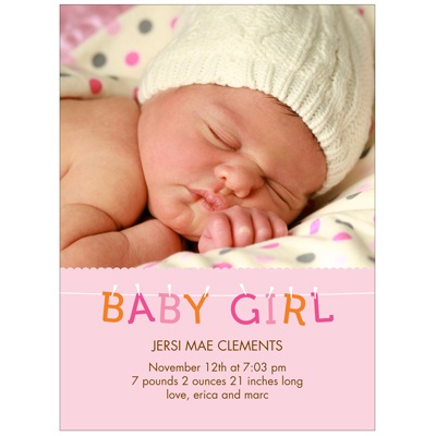 Hanging Letters in Pink -- Baby Girl Photo Birth Announcements