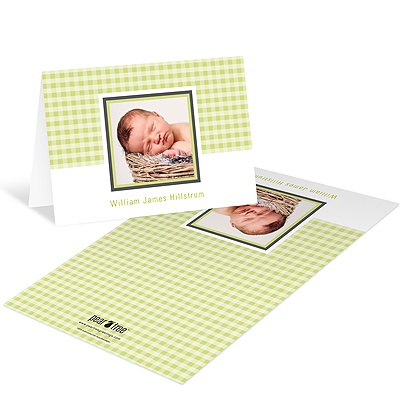 Gingham Print Treatment in Green -- Photo Baby Thank You Cards