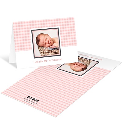 Gingham Print Treatment in Pink -- Photo Baby Thank You Cards