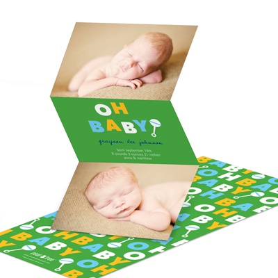 Retro Rattle Shaking in Green -- Boy Birth Announcements