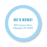 He's Here Bordered in Blue -- Baby Address Labels