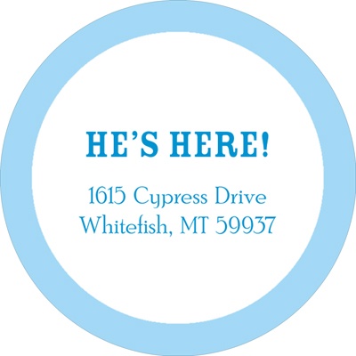 He's Here Bordered in Blue -- Baby Address Labels