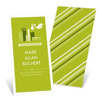 Special Delivery in the City in Green -- Boy Birth Announcements