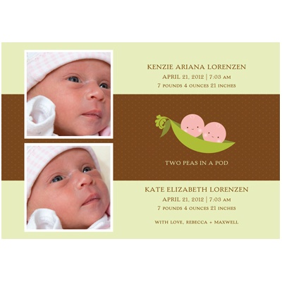 Peas in a Pod -- Twin Girls Photo Birth Announcement