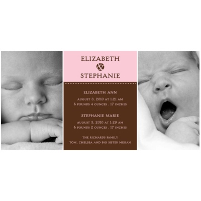 Double the Love -- Pink Twins Photo Birth Announcement