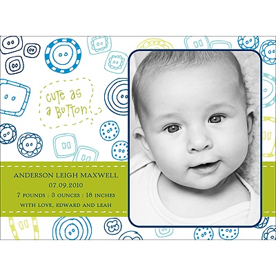 Cute as a button -- Green Photo Birth Announcement