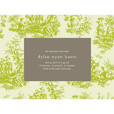 Memories in Green -- Toile Birth Announcement