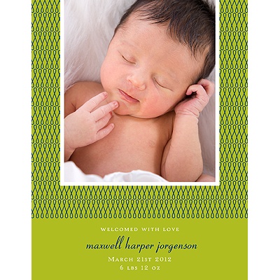 Stylish Swirls in Green -- Photo Birth Announcement
