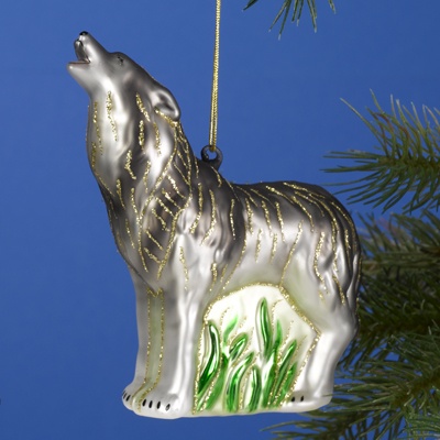 Howling Wolf Glass Ornament