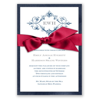 Imperial Deco Monogram - Sapphire Invitation with Ribbon