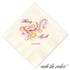 Luncheon Ecru Napkin - Garland of Orange/Pinks