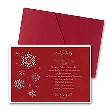 Falling Snowflakes Layered Foil Wedding Invitation - Pocket - Merlot