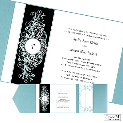 Layered Filigree Monogram Pocket Invitation - Aqua