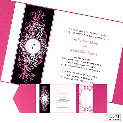 Layered Filigree Monogram Pocket Invitation - Fuchsia