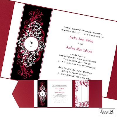Layered Filigree Monogram Pocket Invitation - Merlot