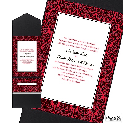 Two-Color Damask Border Pocket Invitation - Black and Cherry Red
