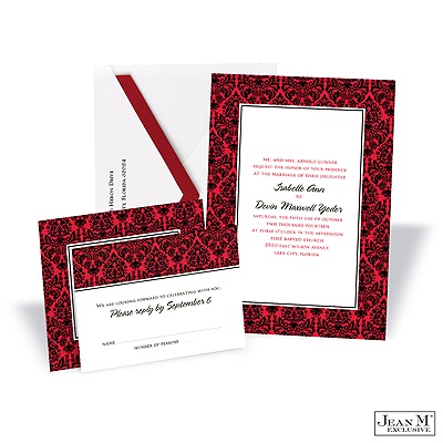 Two-Color Damask Border Invitation - Black and Cherry Red