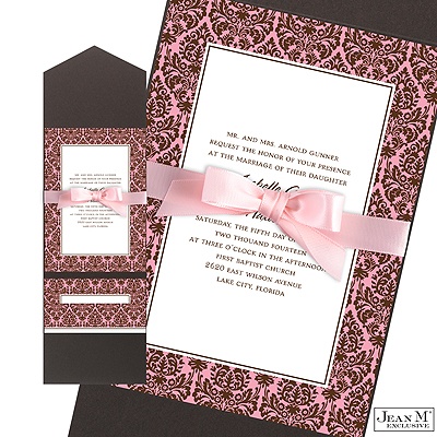 Two-Color Damask Border Pocket Invitation - Espresso and Salmon