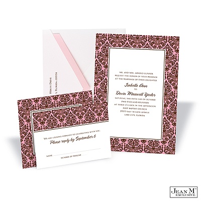 Two-Color Damask Border Invitation - Espresso and Salmon