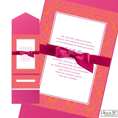 Two-Color Damask Border Pocket Invitation - Fuchsia and Poppy
