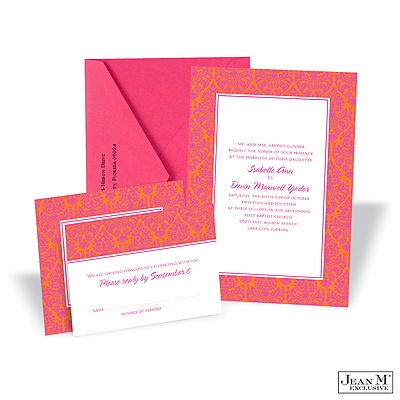 Two-Color Damask Border Invitation - Fuchsia and Poppy