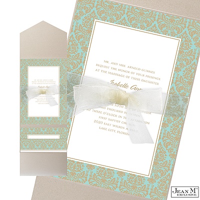 Two-Color Damask Border Pocket Invitation - Champagne and Aqua