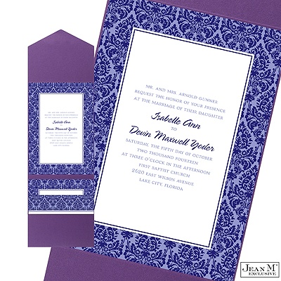 Two-Color Damask Border Pocket Invitation - Eggplant and Orchid