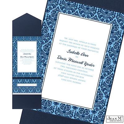 Two-Color Damask Border Pocket Invitation - Midnight and Cornflower