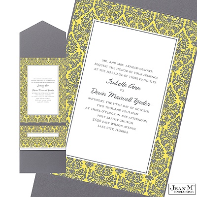 Two-Color Damask Border Pocket Invitation - Pewter and Canary